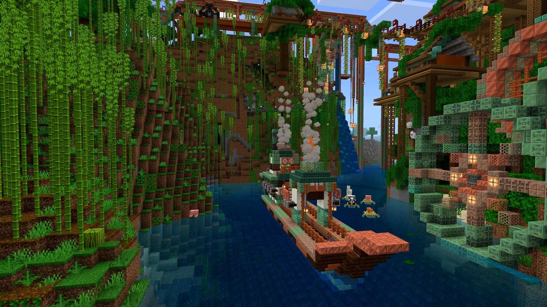 Большой тропический мир Minecraft с кораблём, поселением и механизмами