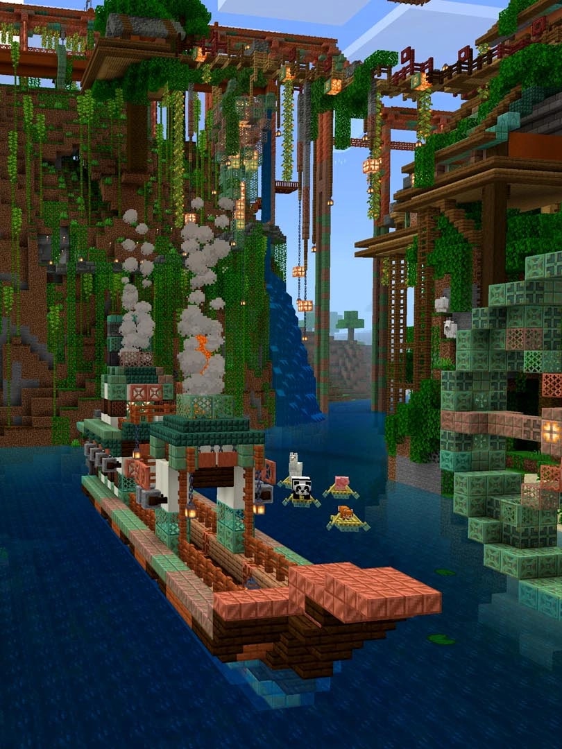 Большой тропический мир Minecraft с кораблём, поселением и механизмами